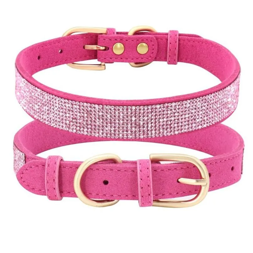 Bling Rhinestone Dog Collar Soft Suede Leather Cat Puppy Collars Necklace For Small Medium Dogs Cats Chihuahua Yorkshire Pink1