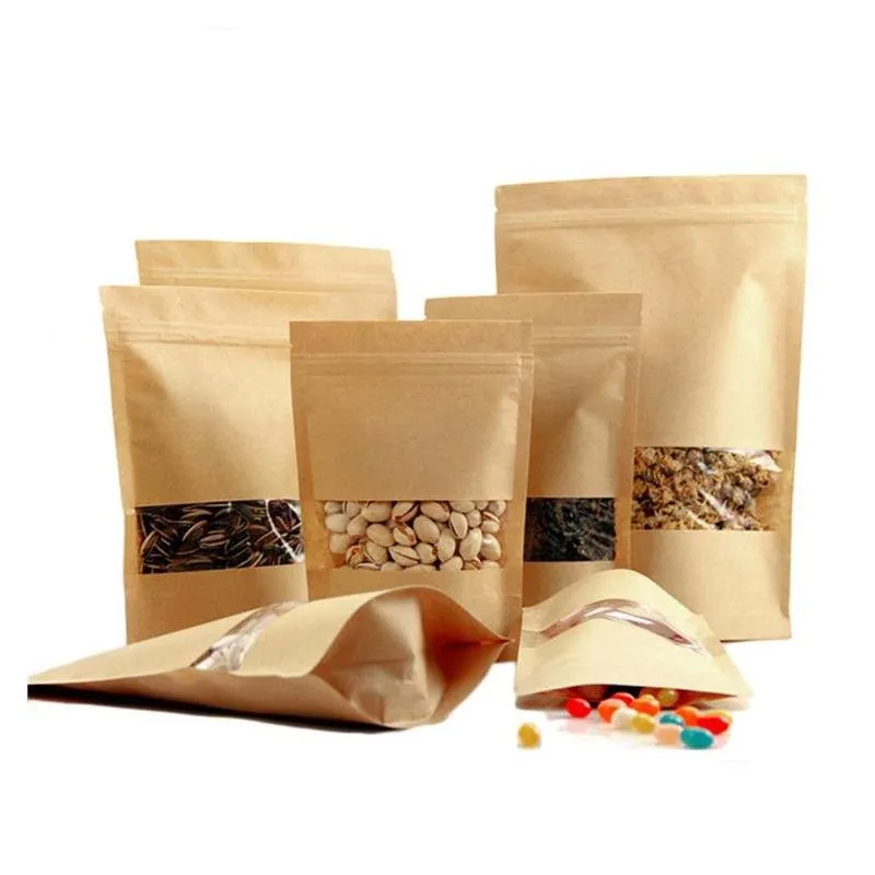 wholesale Kraft Paper Self-sealing Zip Bag Tea Nut Dry Fruit Food Packaging Bags Reusable Moisture-proof Vertical Bag With Transparent