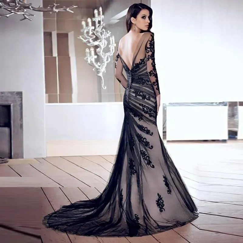 Mermaid Mother Of The Bride Dresses Black Lace Illusion Boat Neck Applique Tulle Long Sleeves Formal Evening Gowns Wedding Guest Gowns
