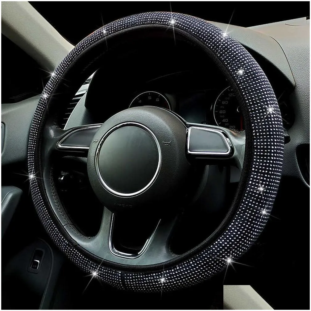  15 inch color shiny rhinestones steering wheel cover diamond pu leather car steering cover universal auto accessories