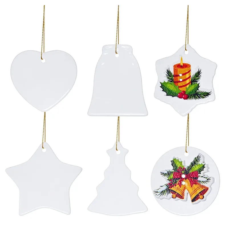 3 inch Sublimation Christmas Ceramic Ornaments Pendant Xmas Tree Decor Double Sided Heat transfer Print With Rope
