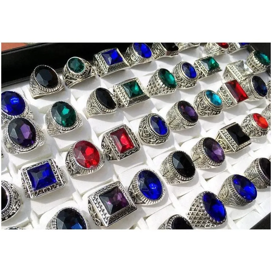 wholesale 50pcs mix lot antique silver rings mens womens vintage gemstone jewelry party ring ing ring ship wmtwxw luckyhat