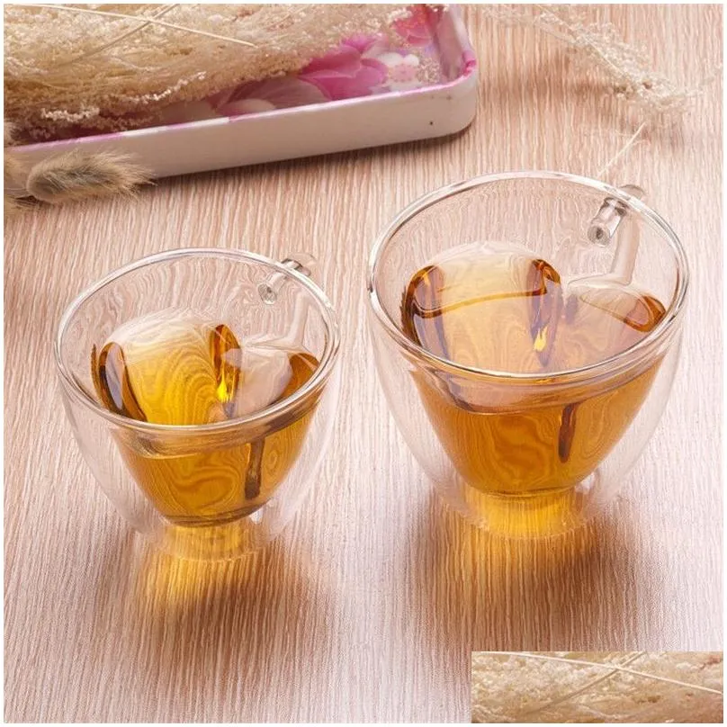 180ml 240ml Double Wall Glass Coffee Mugs Transparent Heart Shaped Milk Tea Cups With Handle Romantic Gifts