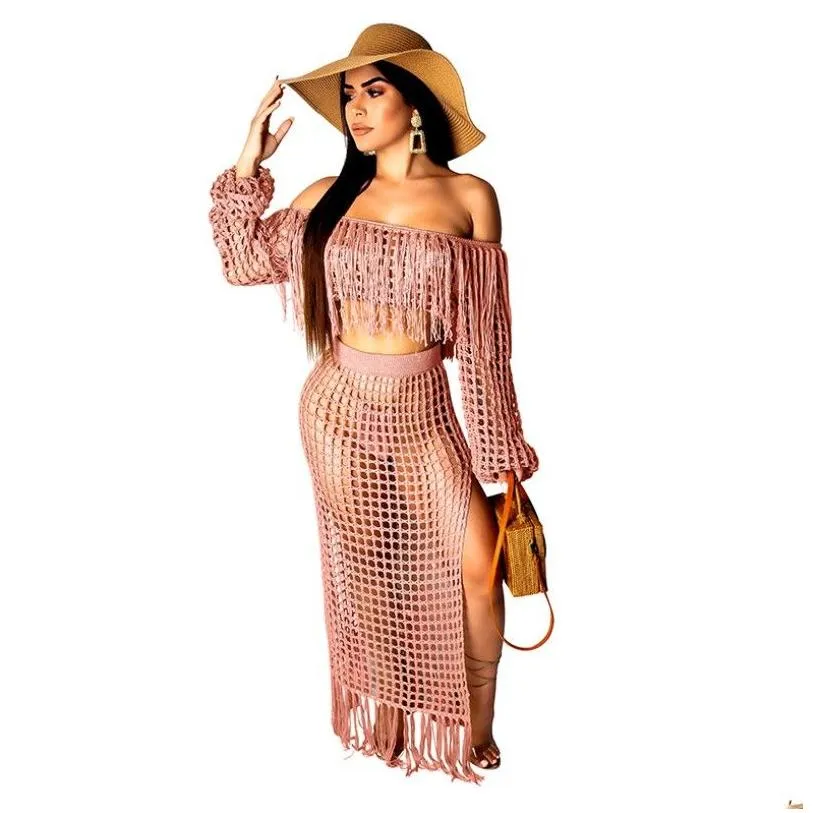 2020 slash neck knit two piece sets women tassels crop top and skirt set sexy cloghet beach wear 2 piece summer outfit