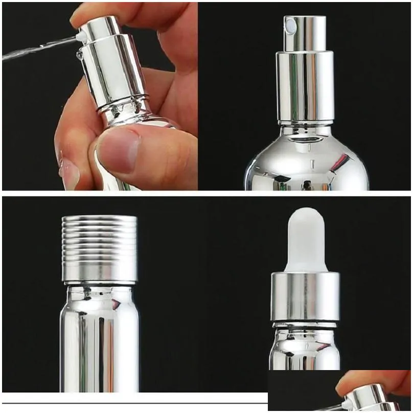 Storage Bottles & Jars 5ML-100ML Silver Glass Bottle Essential Oil Dropper Vial Cosmetic Packaging Serum Lotion Pump Spray Atomizer