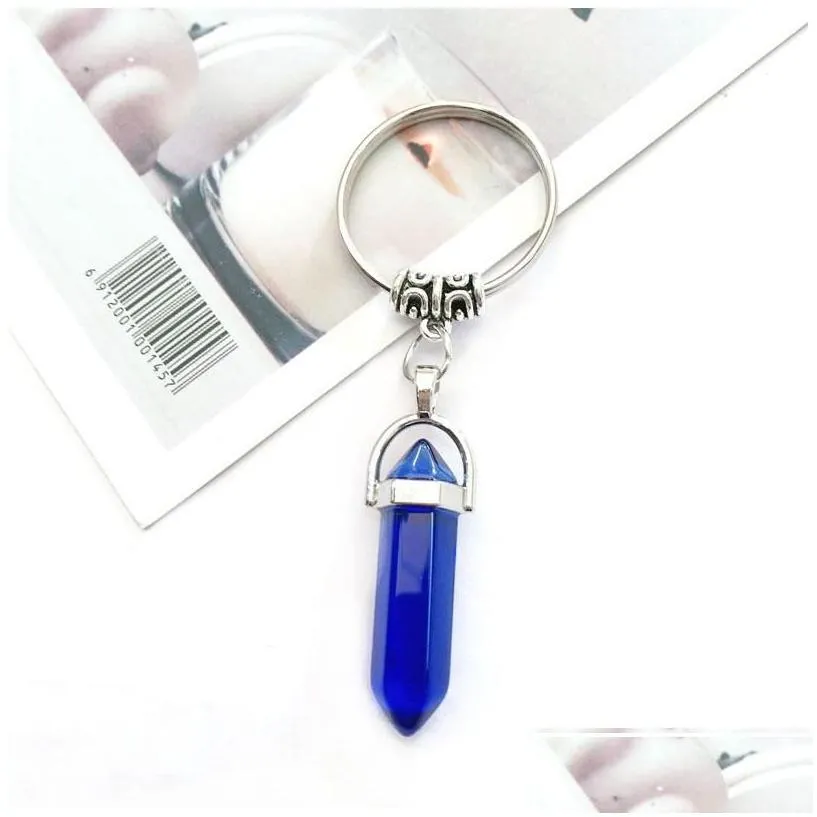 keychains lanyards fashion hexagonal column crystal stone keychain pendant natural gemstone key chain car bag decoration keyring a