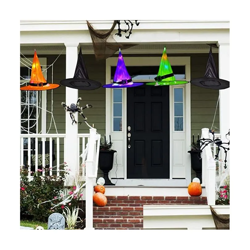 Halloween Party LED Glowing Witch Hats Hanging Decoration, Button Battery Operated, Decor for Outdoor, Yard, Tree, Party, Indoor