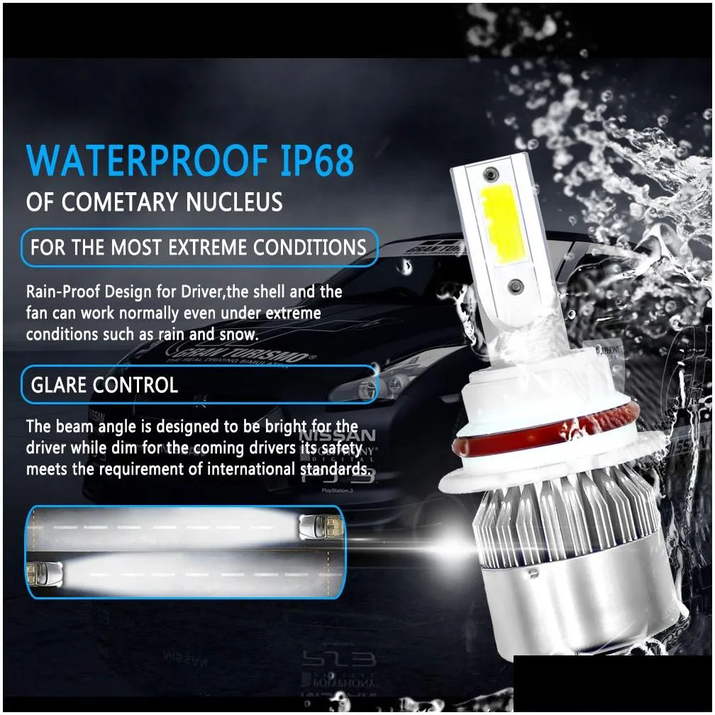 1pair est price cob c6 real 7600lm 120w led car headlight h1 h3 h4 h7 9003 9004 9005 9006 kit hi/lo light bulbs 6000k