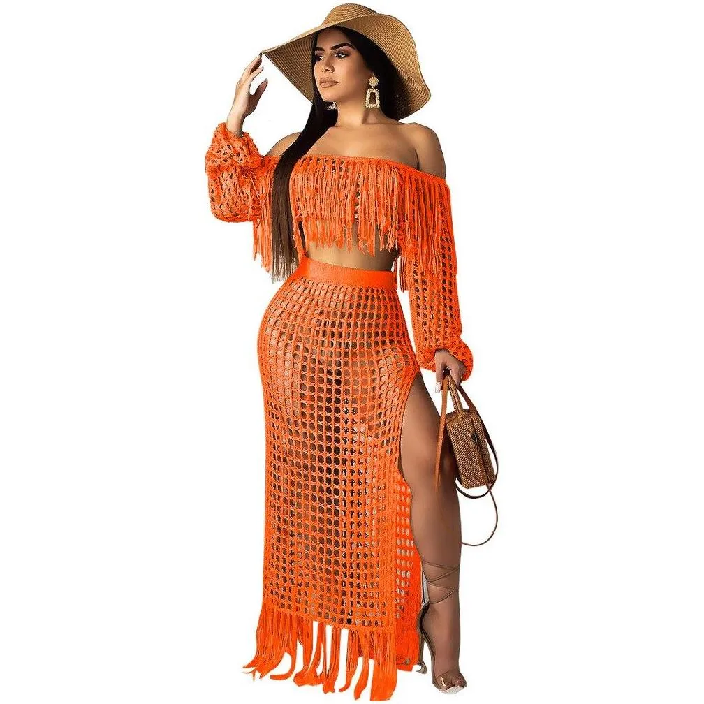 2020 slash neck knit two piece sets women tassels crop top and skirt set sexy cloghet beach wear 2 piece summer outfit