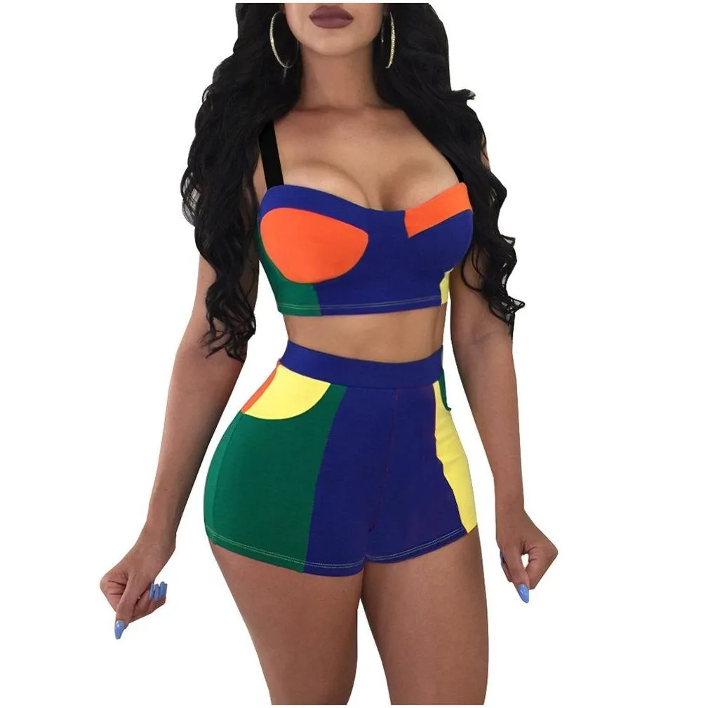 women jumpsuit two piece set sexy club sexy sleeveless stitching crop top and bodycon shorts suit set women outfits