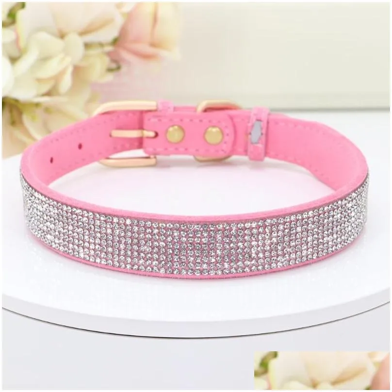 Bling Rhinestone Dog Collar Soft Suede Leather Cat Puppy Collars Necklace For Small Medium Dogs Cats Chihuahua Yorkshire Pink1