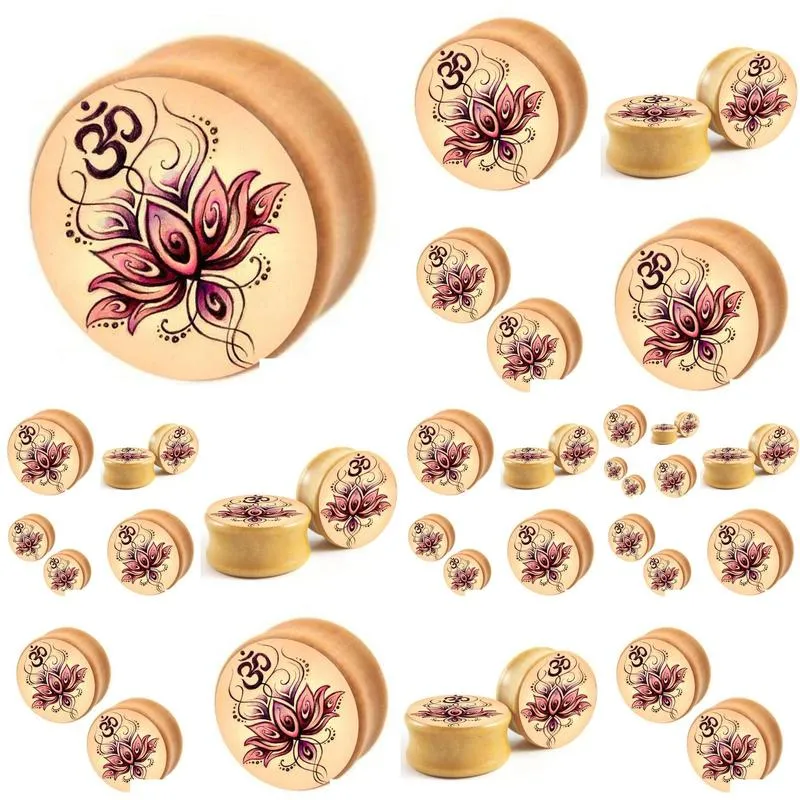 yoga body jewelry om symbol flower logo wood ear expansions stretcher gauge 6-16mm piercing plugs and tunnels 314kr