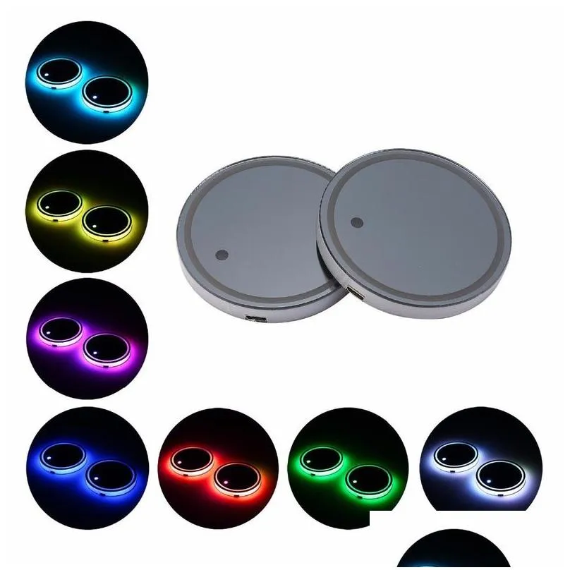 2 pcs led atmosphere cool lights up universal led car cup holder pad mat light cover trim colgante decoration