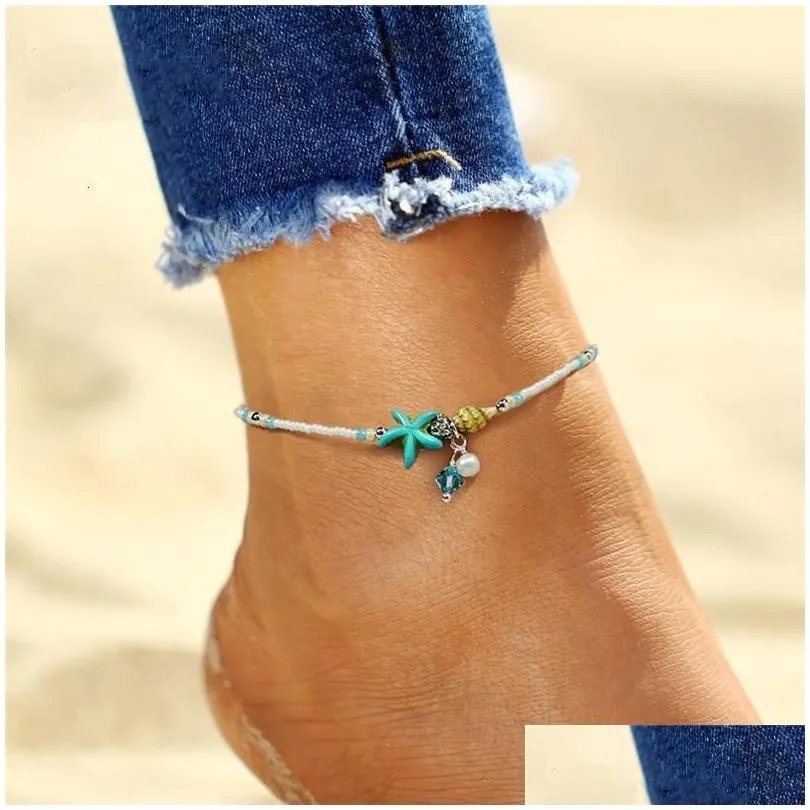 boho freshwater pearl charm anklets women barefoot sandals beads ankle bracelet summer beach starfish beaded ankle bracelets foot jewelry