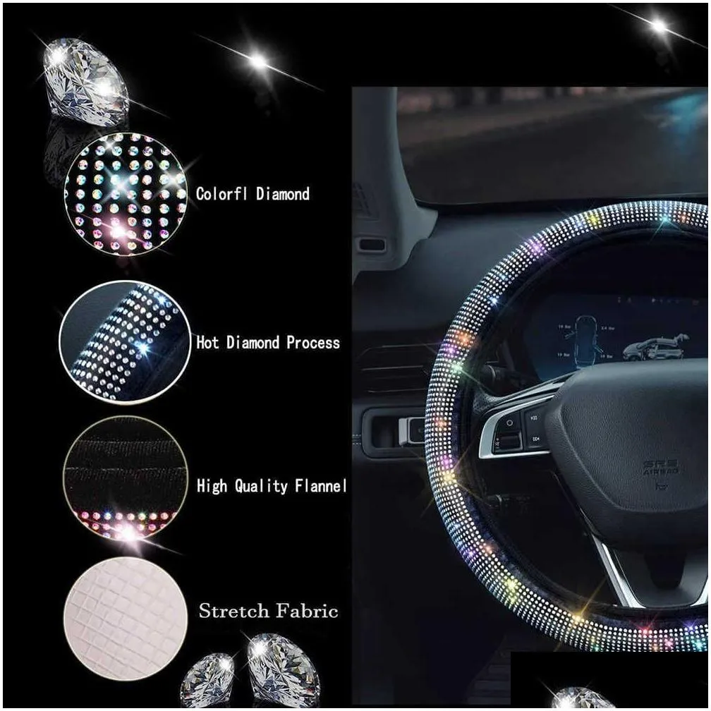  15 inch color shiny rhinestones steering wheel cover diamond pu leather car steering cover universal auto accessories
