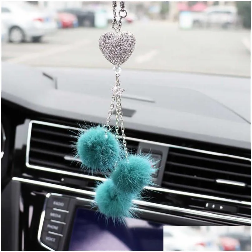 bling car mirror accessories for women bling love heart and pink plush ball bling rinestones crystal diamond car accessories