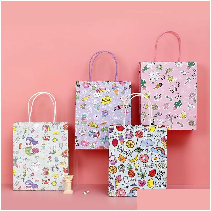 kraft paper tote bag cartoon flowers thank you for you letter patterns holiday mother day birthday party favors bags with handle