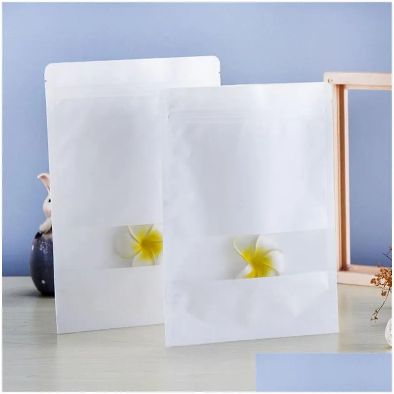 New White Kraft Paper Bag With Window Stand Up Pouch With Zipper Dried Fruit Nut Tea Packaging Bag LZ0164