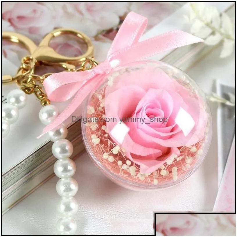 decorative flowers wreaths eternal flower keychain clear acrylic ball transparent sphere 5cm rose key ring valentines gift wedding