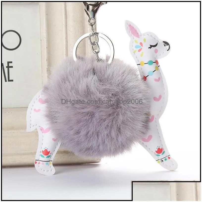 key rings fluffy fur ball alpaca leather animal keychains charm 10cm artificial rabbit pompom keyrings women jewelry p43fa drop deliv