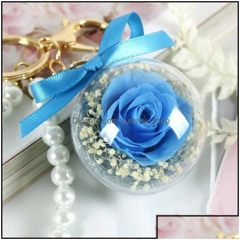 decorative flowers wreaths eternal flower keychain clear acrylic ball transparent sphere 5cm rose key ring valentines gift wedding