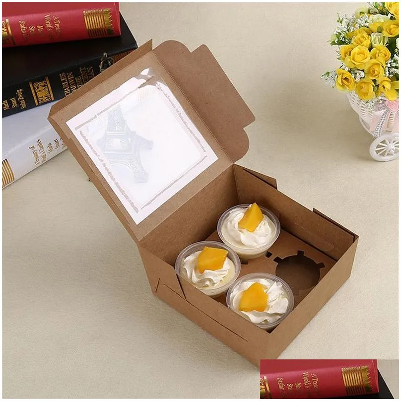 16x16x7.5cm Cavity Clear Window Creative Kraft Brown & White Cupcake Boxes Muffin Packaging Box LZ0745