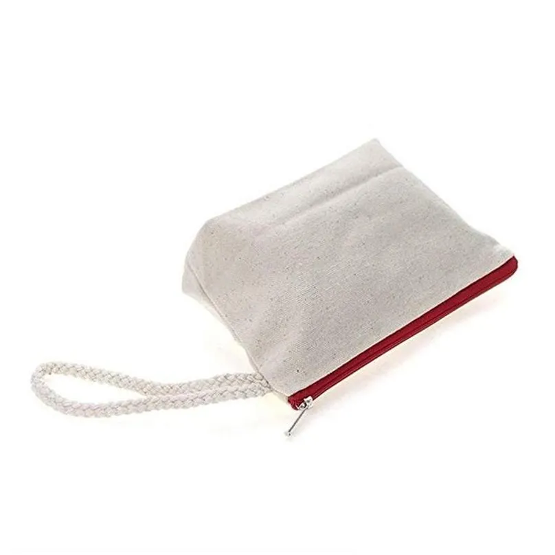 High quality blank canvas zipper pouches cotton cosmetic Bags makeup bags Mobile phone bag With Rope LX979