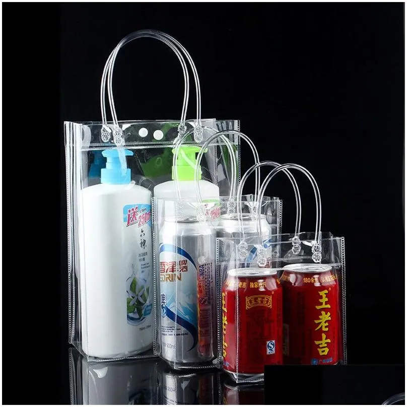 PVC plastic gift bags with handles plastic wine packaging bags clear handbag party favors bag Fashion PP Bags With Button LX2271