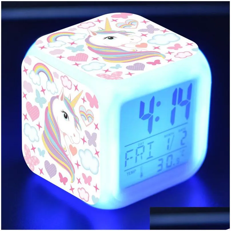 cartoon alarm clock led digital display 7 color changing light night glowing kids bedside desk alarms child gifts