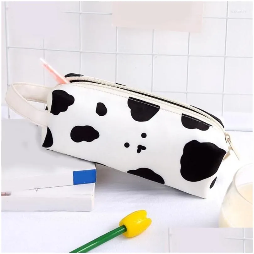 wholesale portable stationery box cartoon cow pen bag cosmetic pouch zippered pocket desktop pencil holder for school office