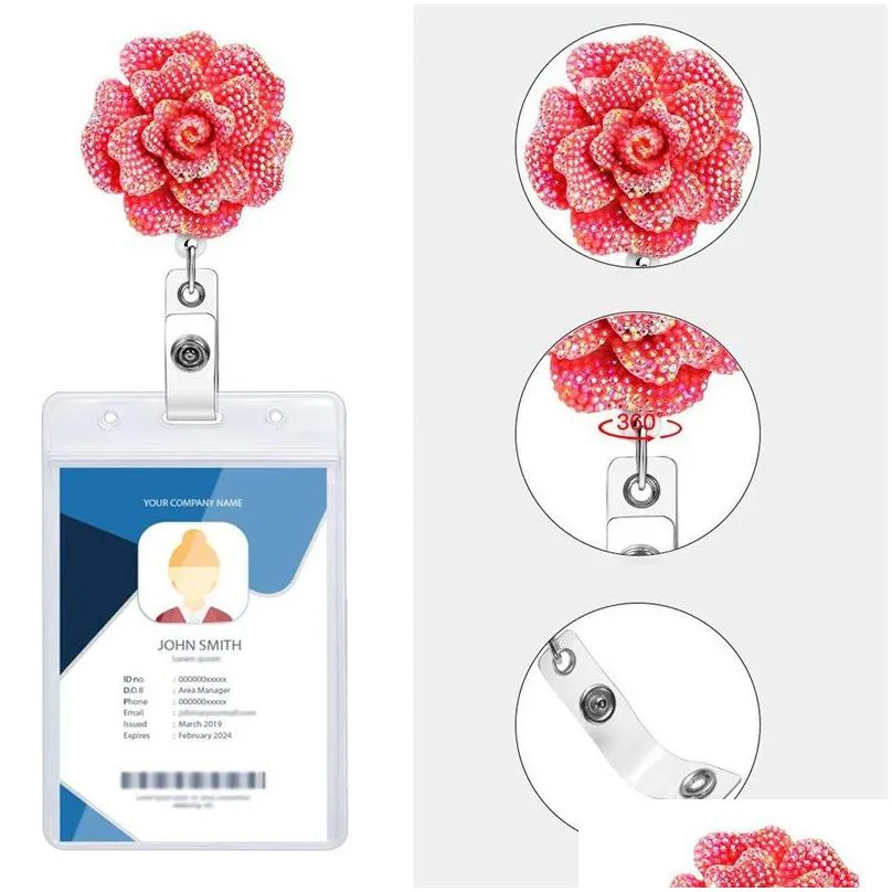 wholesale retractable badge holder with alligator clip flower shaped ab rhinestones 24 inch retractable cord id badges reel for school