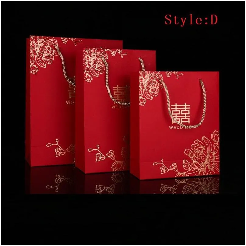 Chinese style Red Double Happiness Paper gift bags for Wedding Packaging Bag with Handle Party Favors LX0633