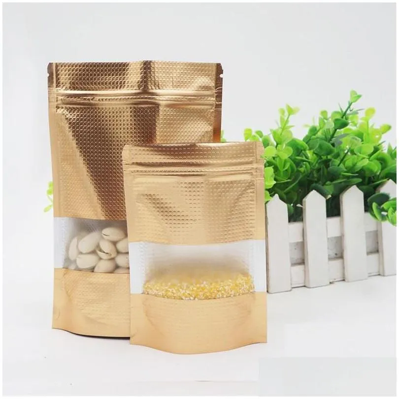 wholesale Gold with Window Stand Up Aluminum Foil bag Lines Self Seal Food Storage Doypack Coffee Tea Snack Party Pouch Bag LX180