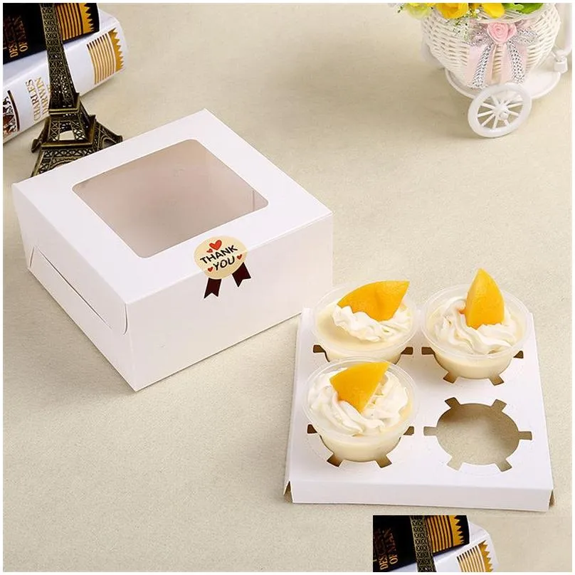 16x16x7.5cm Cavity Clear Window Creative Kraft Brown & White Cupcake Boxes Muffin Packaging Box LZ0745