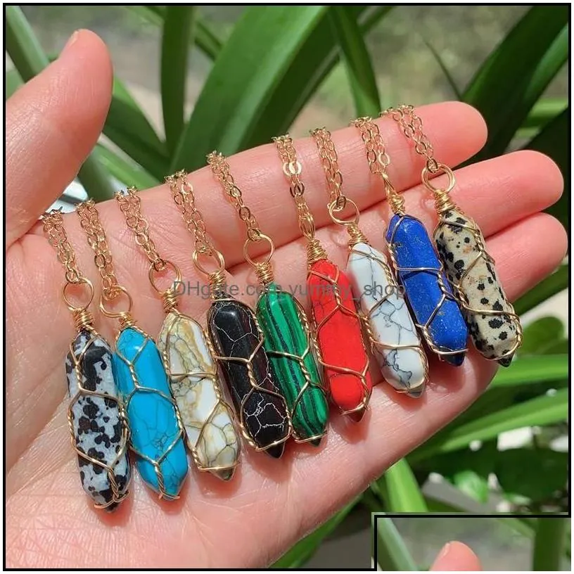 pendant necklaces natural stone gold wire wrap crystal necklace hexagonal amethysts pink quartz pendum chakra healing jewelr yummysh