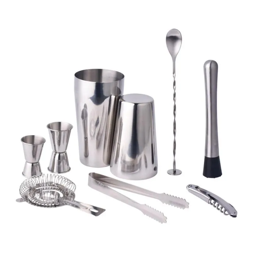 9pcs/set Stainless Steel Cocktail Shaker Mixer Drink Bartender Browser Kit Bars Set Tools Professional Bartender LZ0946