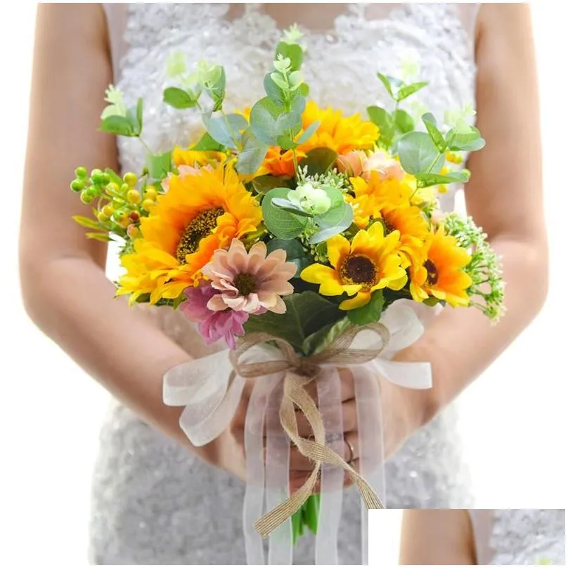 decorative flowers wreaths artificial sunflower bouquet silk fake flower diy wedding bouquets centerpieces arrangements party home