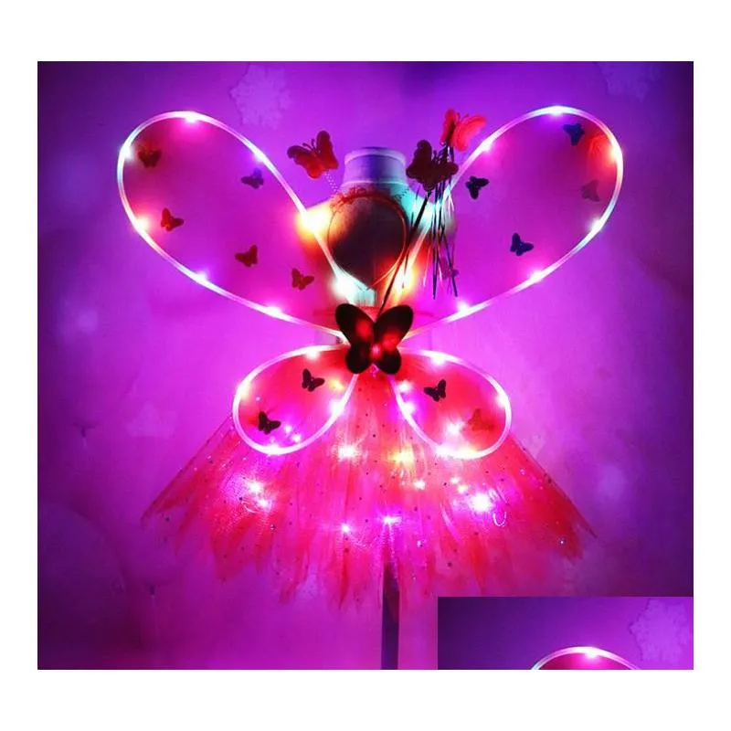 flutterby girls led costume set - tutu wand headband with light-up butterfly wings for ages 2-8 - perfect party carnival gift
