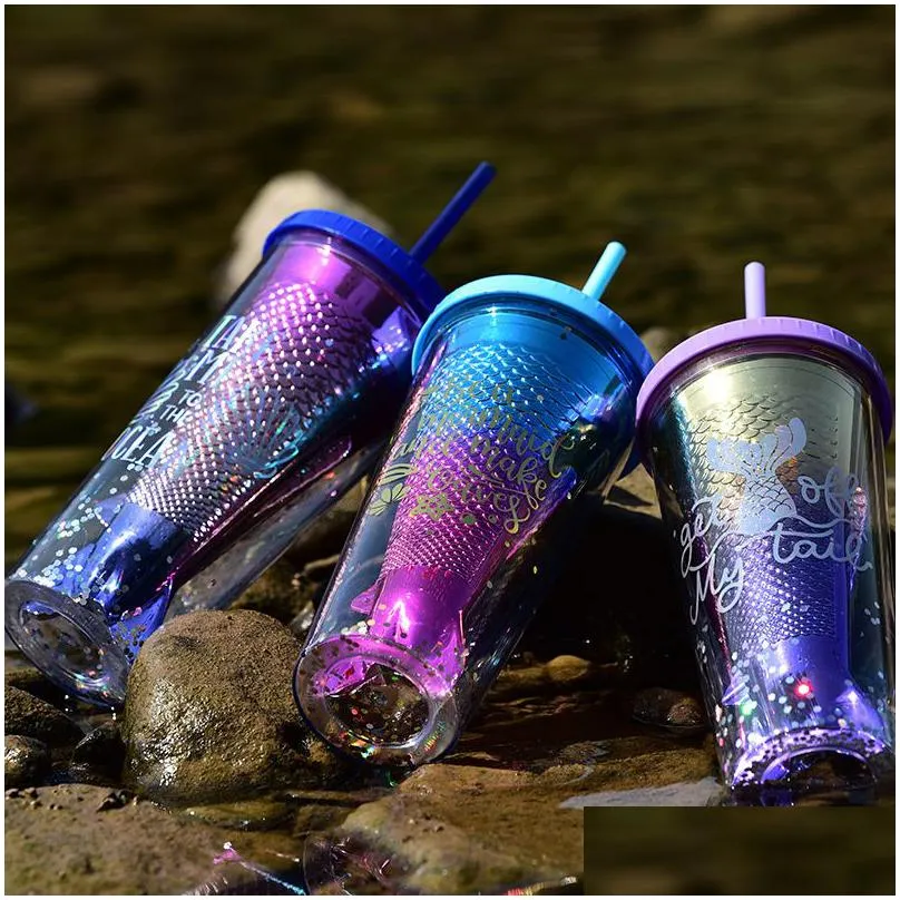 350ml as double-layer plastic tumbler gradient color mermaid tail electroplated sequined water cups with straws