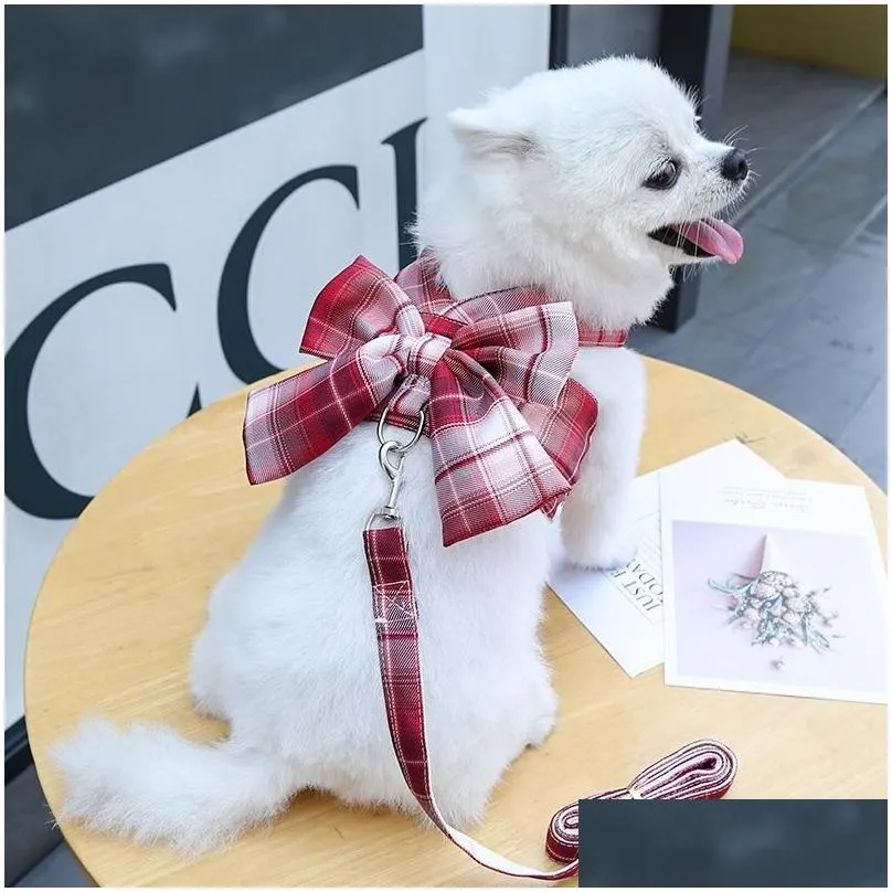 dog collars leashes bow collar skirt cute pet harness with breast strap traction rope cat dogs clothes vest princess tutu dress