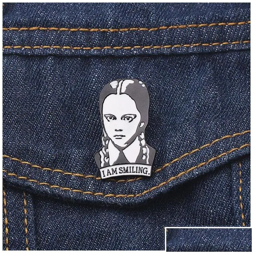 pins brooches adams family brooch wednesday enamel pin i am smiling hard lapel pins figure girl broche jewelry accessories gift dro