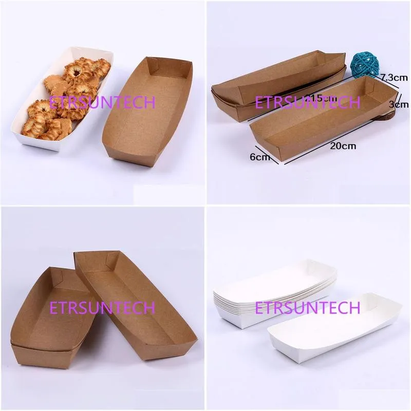 20*6*3cm Disposable White Kraft Boat Box For Chip Food Tray Greaseproof Paper Box Fried Food Storage Box LX0417