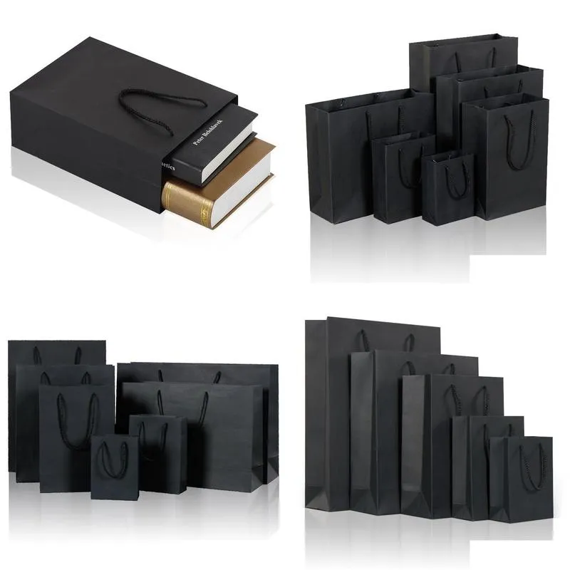 10 Size Black Paper Gift Bag With Handle Wedding Birthday Party Gift Christmas New Year Shopping Package Bags LZ1338
