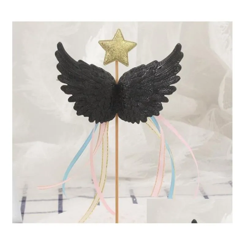 angel wings satin tassel cupcake toppers - elegant baby shower cake decor with little star design in white pink blue black