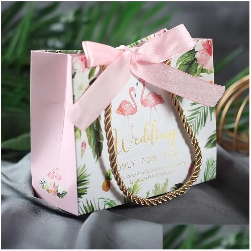 Flamingo Kraft Paper Bag With Handles and Ribbon Paper Gift Bags For Wedding Party Favors Small Bags Present  Candy Cake