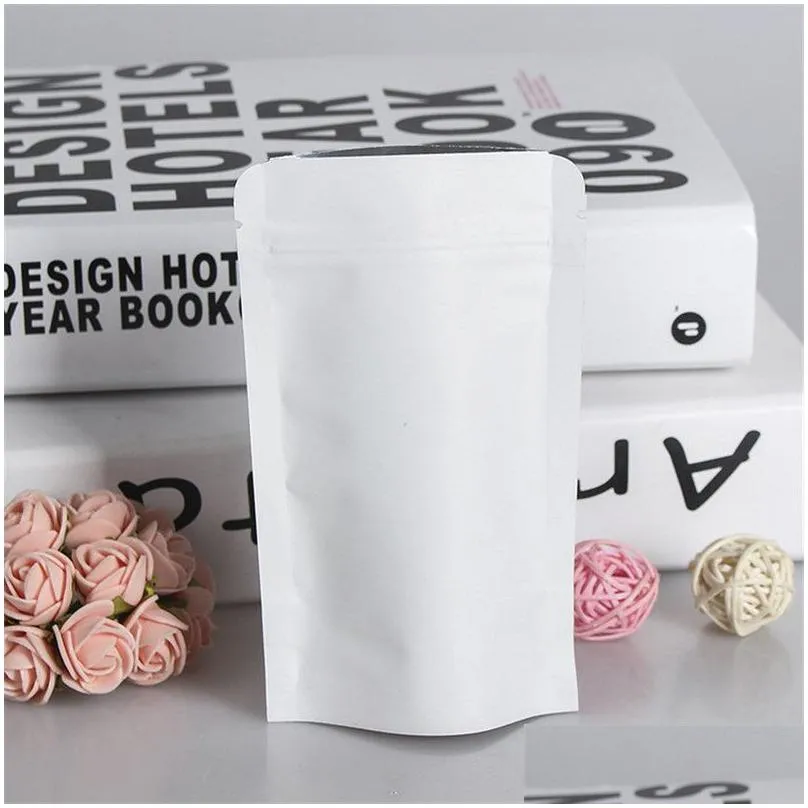 Stand Up White Kraft Paper Aluminum Foil Bag Zipper Doy pack Packaging Pouch Food Tea Snack Resealable Bags wholesale LZ0504