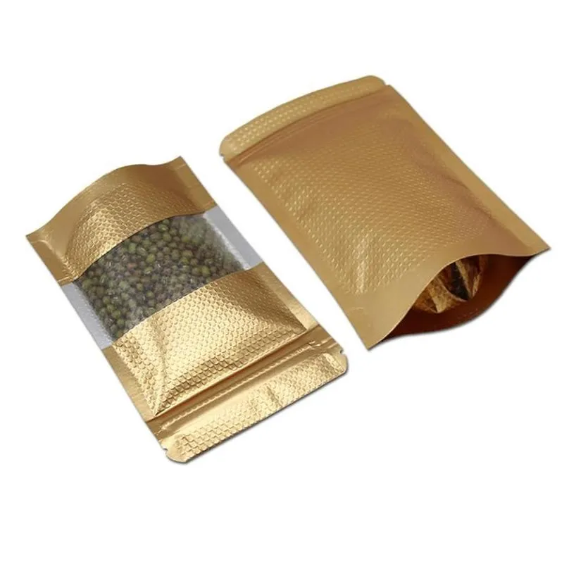 wholesale Gold with Window Stand Up Aluminum Foil bag Lines Self Seal Food Storage Doypack Coffee Tea Snack Party Pouch Bag LX180