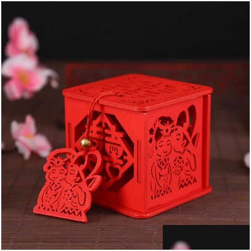 Many Styles Wood Chinese Double Happiness Wedding Favor Boxes Candy Box Chinese Red Classical Sugar Case With Tassel 6.5x6.5x6.5cm