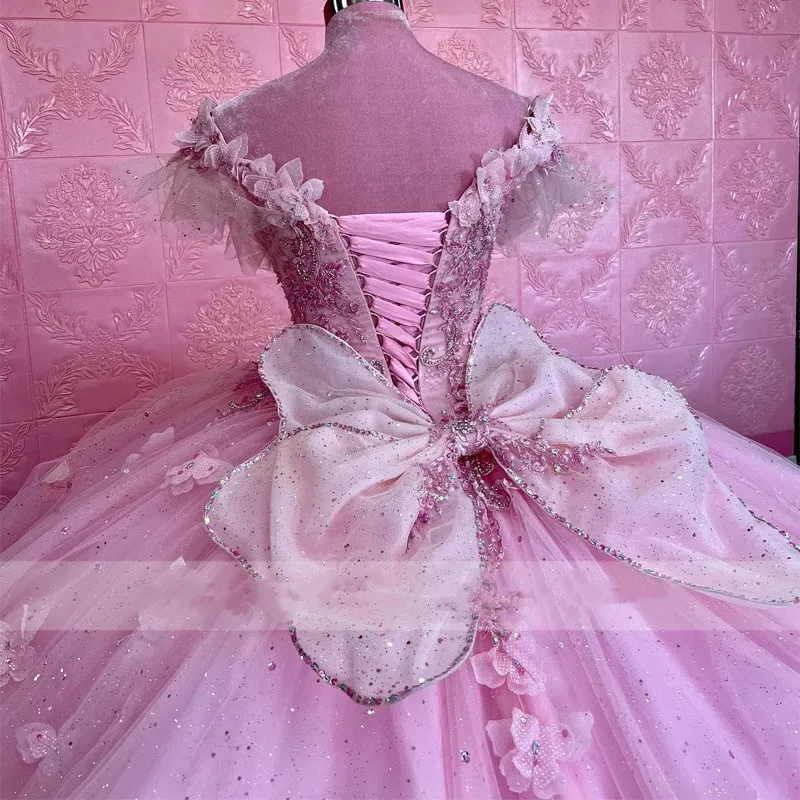 Pink Quinceanera Dress Ball Gown With Bow Off The Shoulder Flowers Butterfly Appliques Beading Corset Pageant Sweet 15 Party
