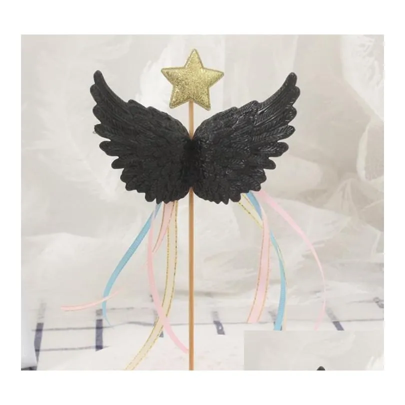 angel wings satin tassel cupcake toppers - elegant baby shower cake decor with little star design in white pink blue black